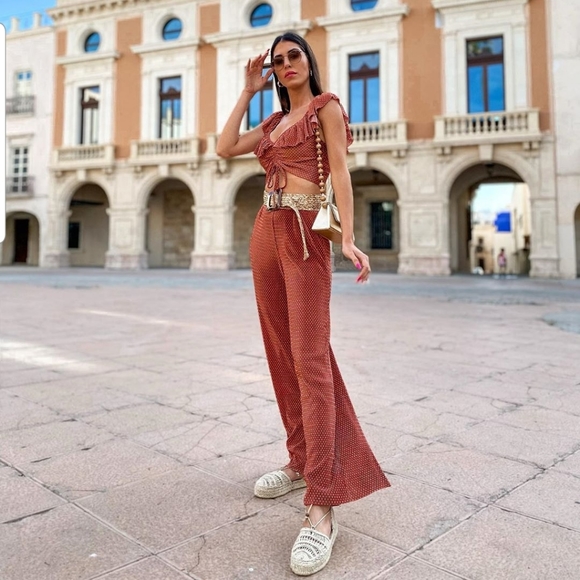 ruffle detail top and pleated trouser set